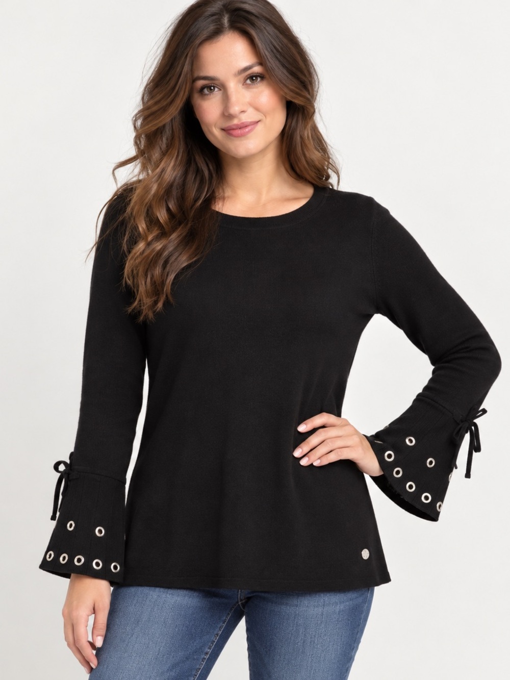 Point Zero Black Bell-Sleeve Eyelet Tie Top